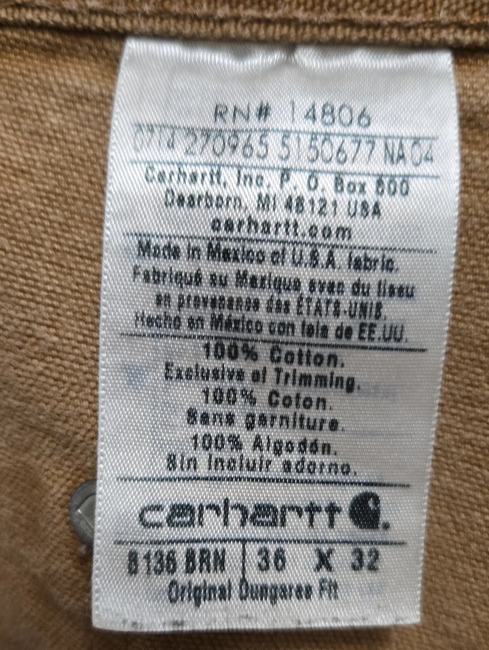 Carhartt B136 Brown Double Knee Duck Work Pants 36x32 Carpenter Dungaree